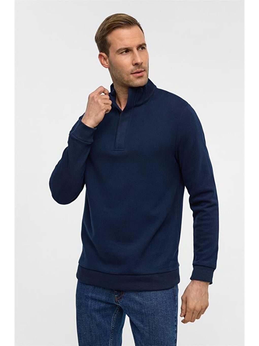 Lacivert Regular Düz Polo Yaka Sweatshirt-2