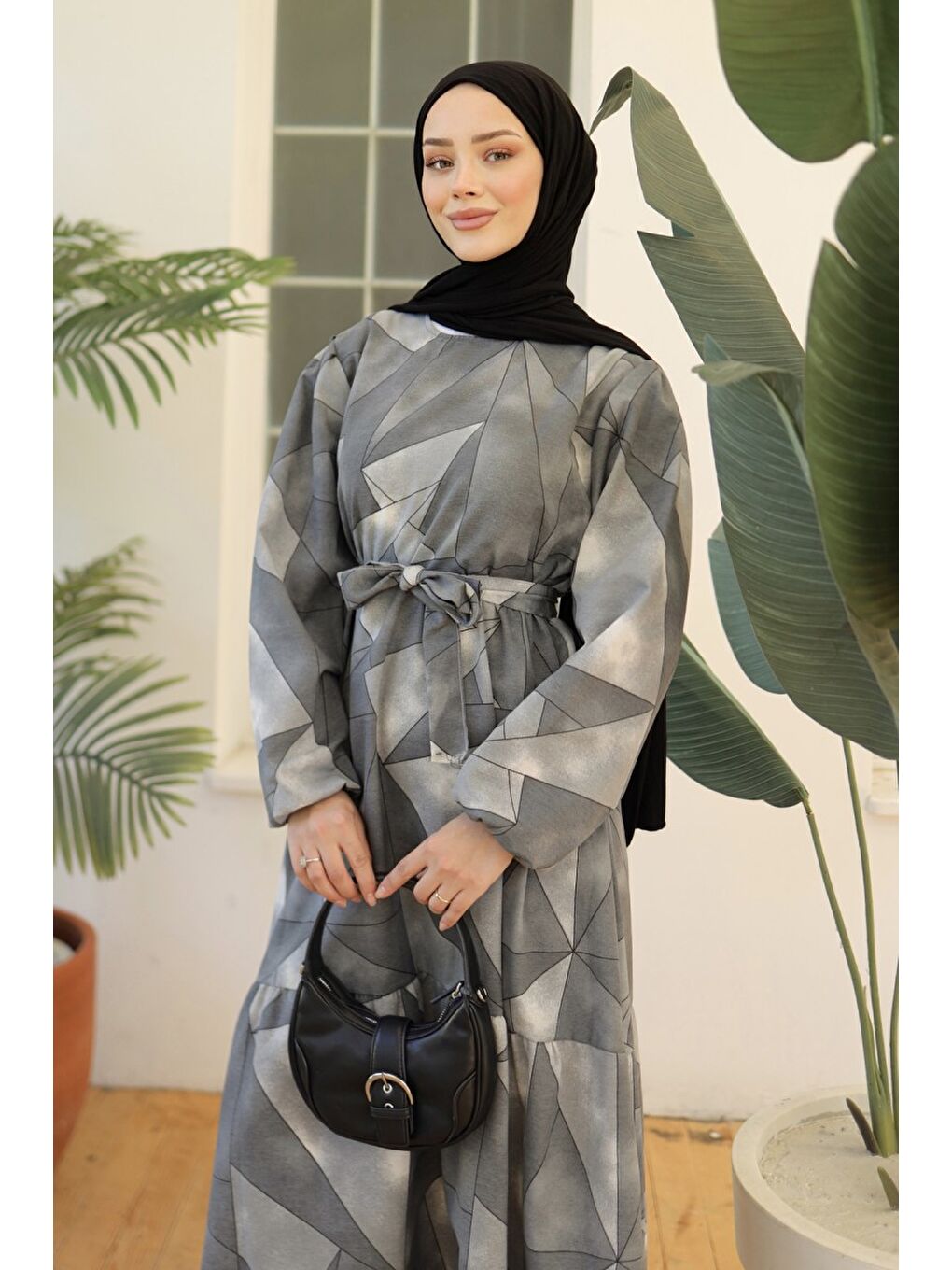 Desenli Kolu Büzgülü Elbise Gri - 26620-2