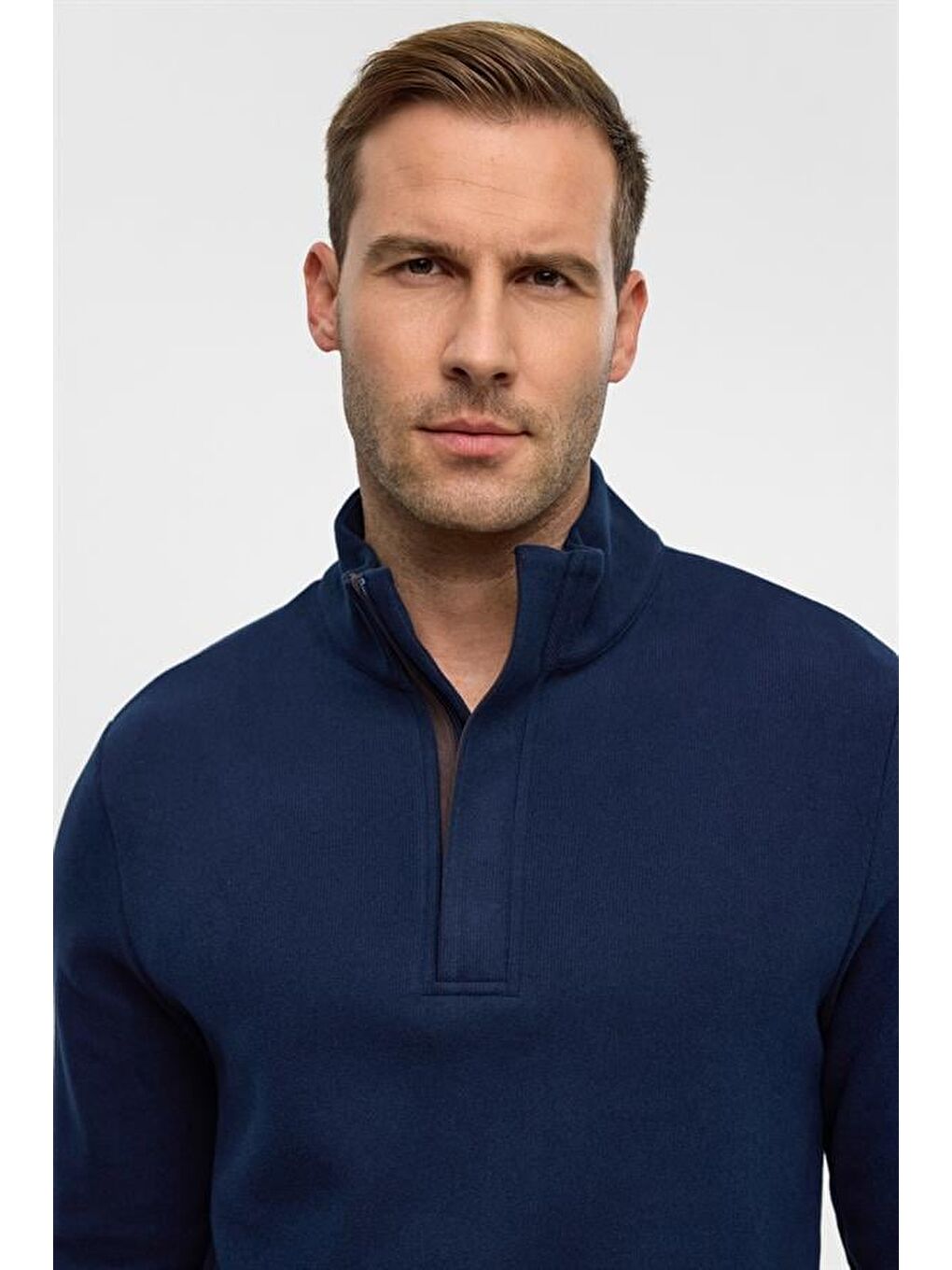 Lacivert Regular Düz Polo Yaka Sweatshirt-3