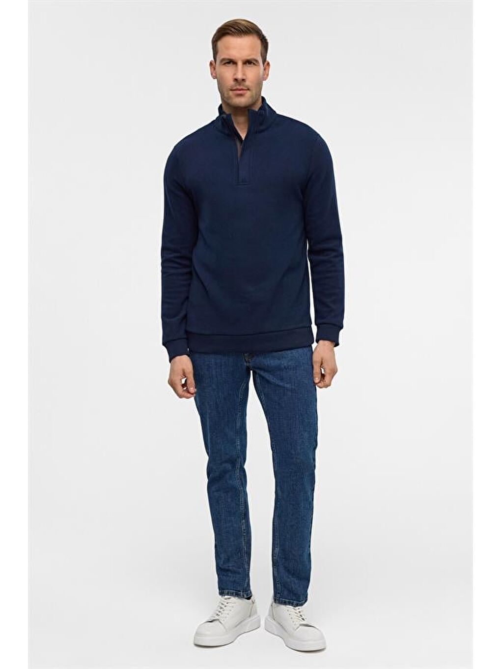 Lacivert Regular Düz Polo Yaka Sweatshirt-4
