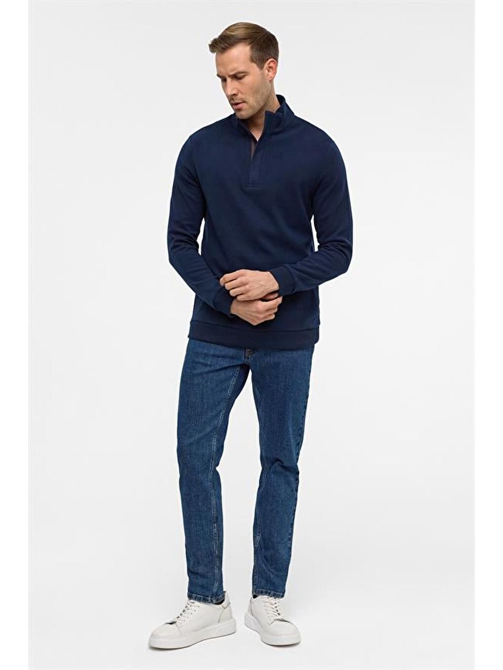 Lacivert Regular Düz Polo Yaka Sweatshirt-5