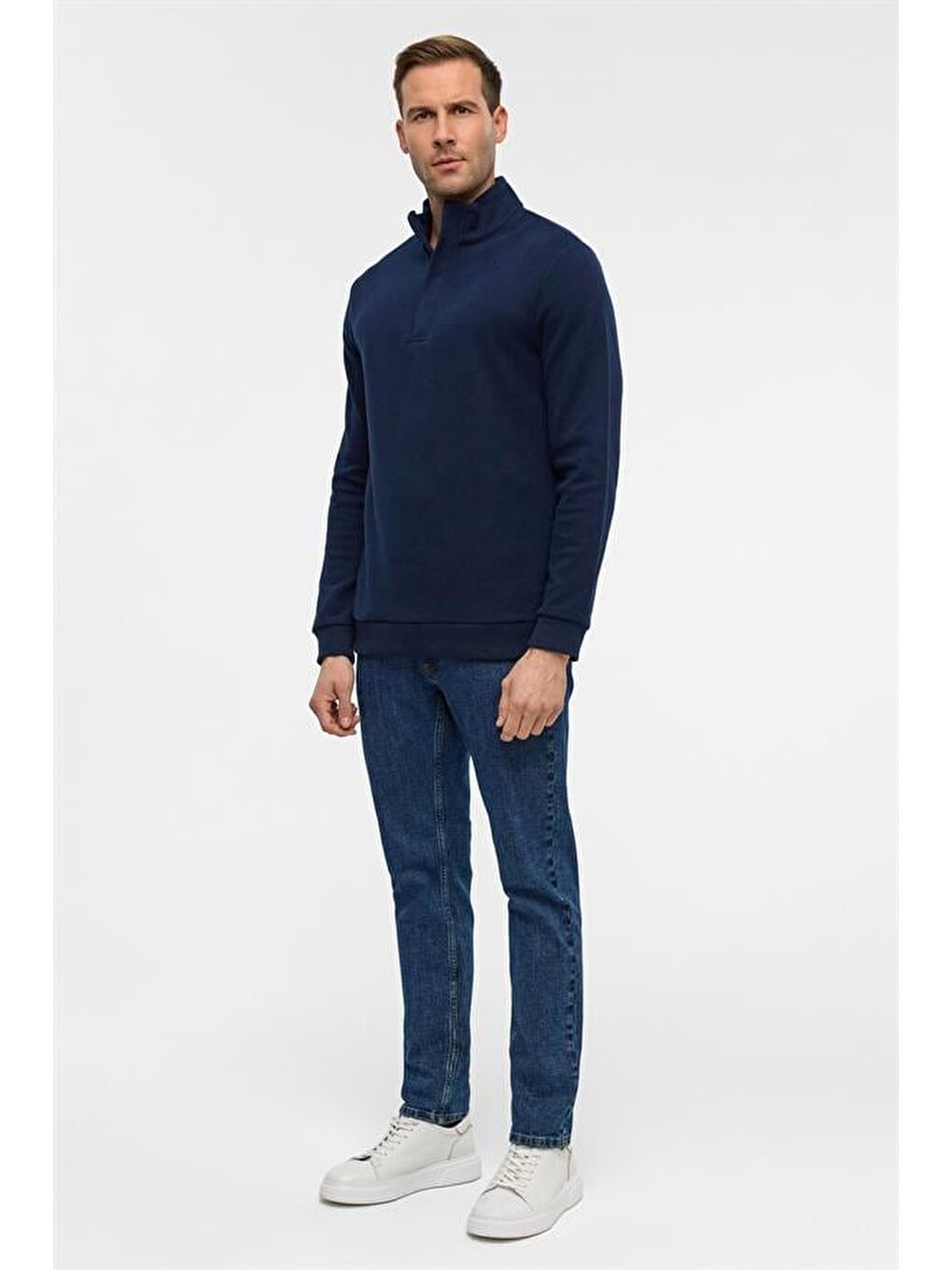 Lacivert Regular Düz Polo Yaka Sweatshirt-6
