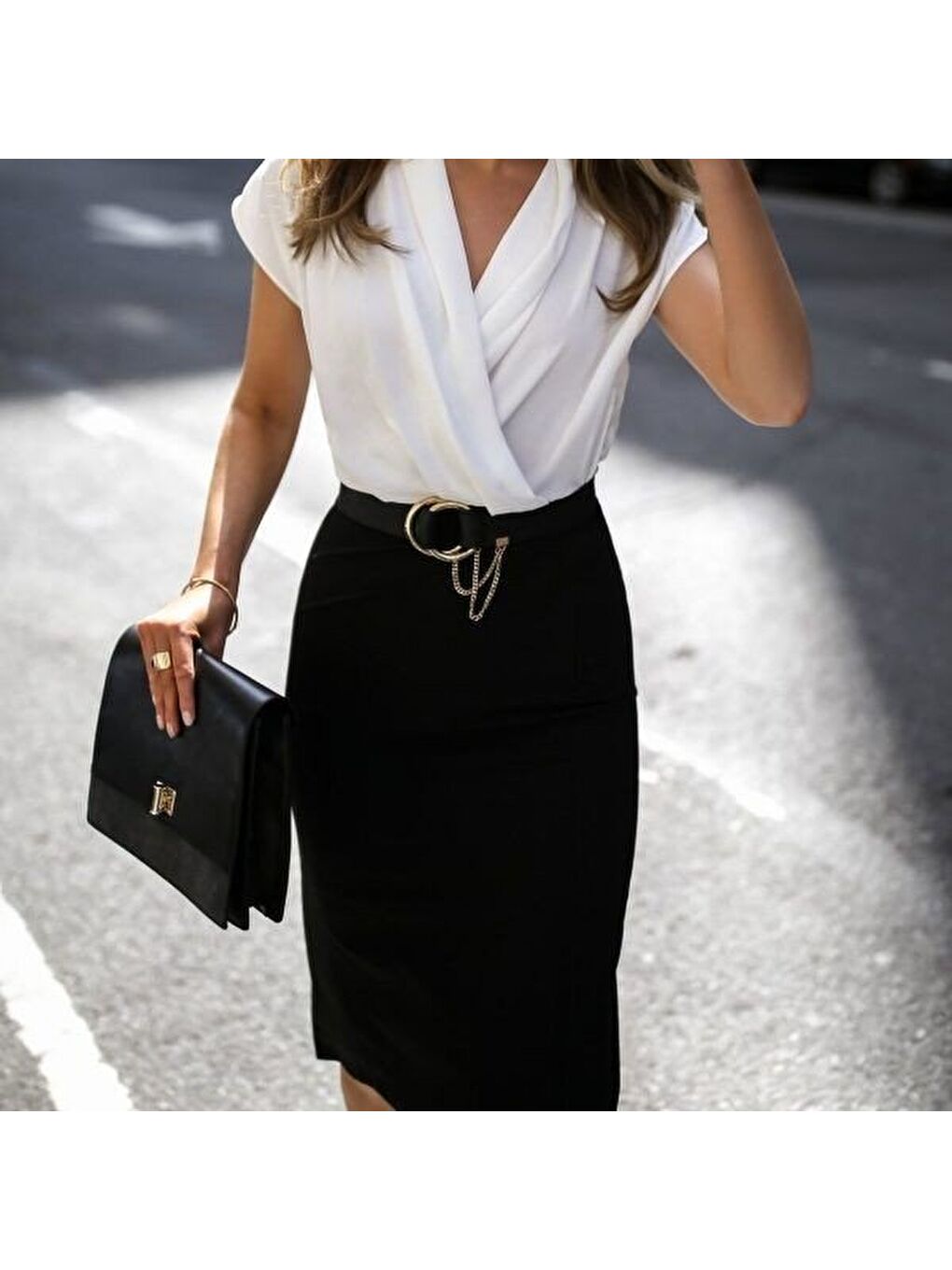 Beyaz Kadın Kısa Kollu Kruvaze Yaka Krep Elbise (Kemersiz)-1