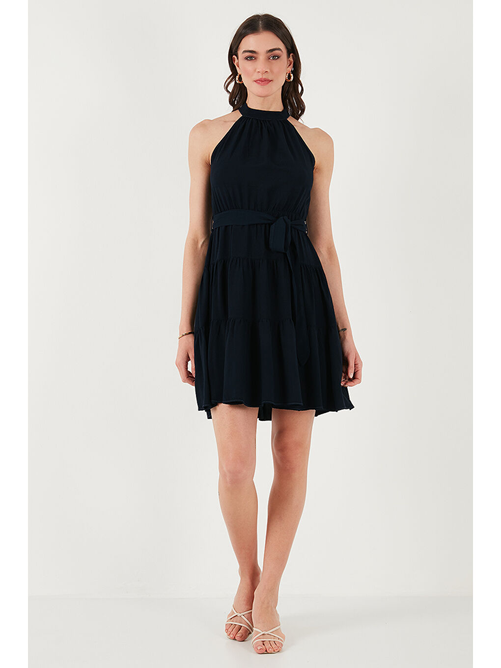 Lacivert Pileli Regular Fit Halter Yaka Mini Boy Kemerli Kadın Elbise 6772041-3