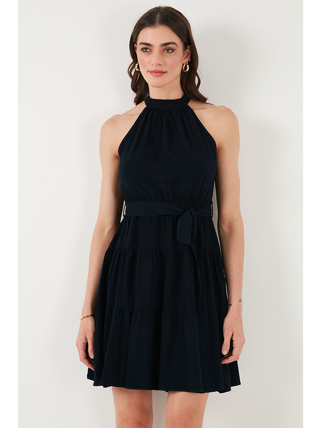 Lacivert Pileli Regular Fit Halter Yaka Mini Boy Kemerli Kadın Elbise 6772041-4