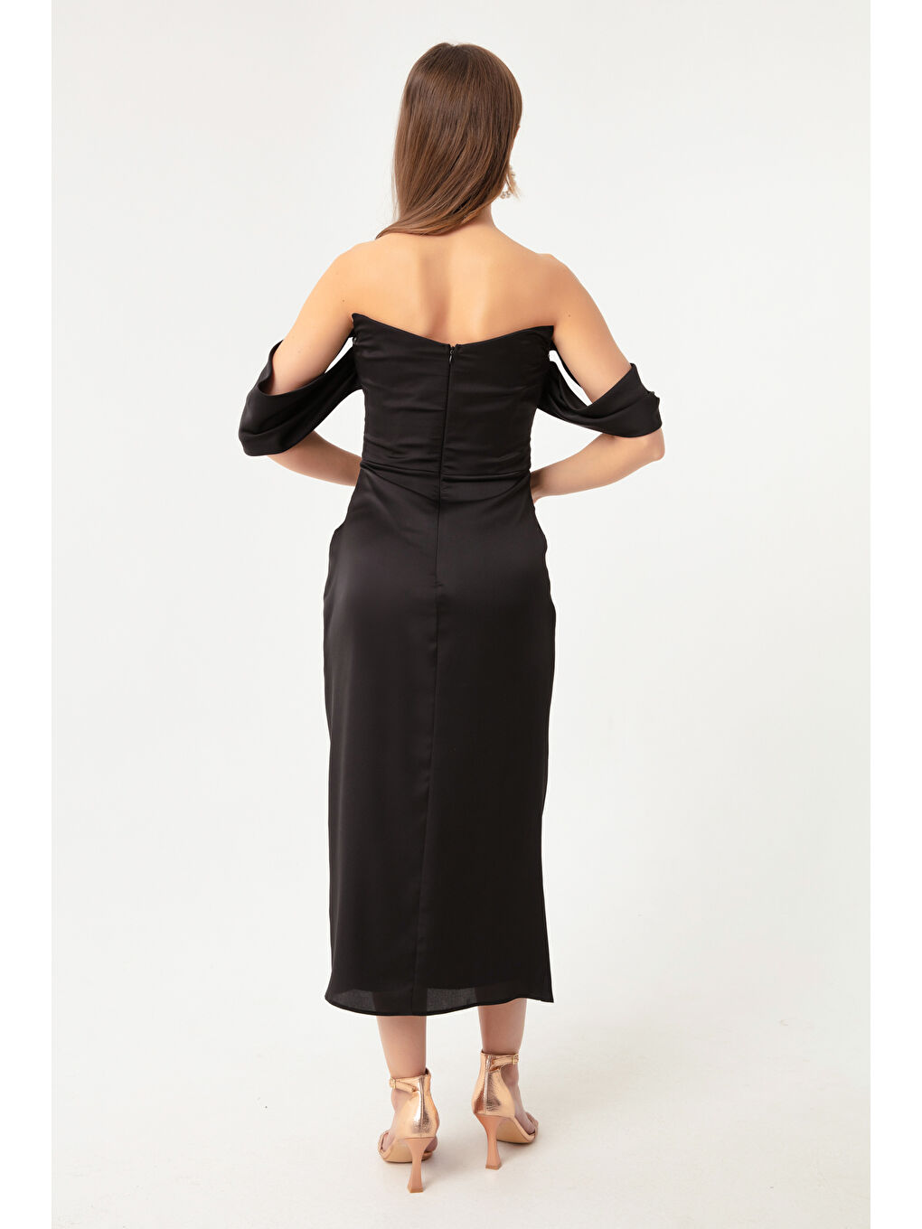 Kadın Siyah Kayık Yaka Drapeli Midi Abiye Elbise-4