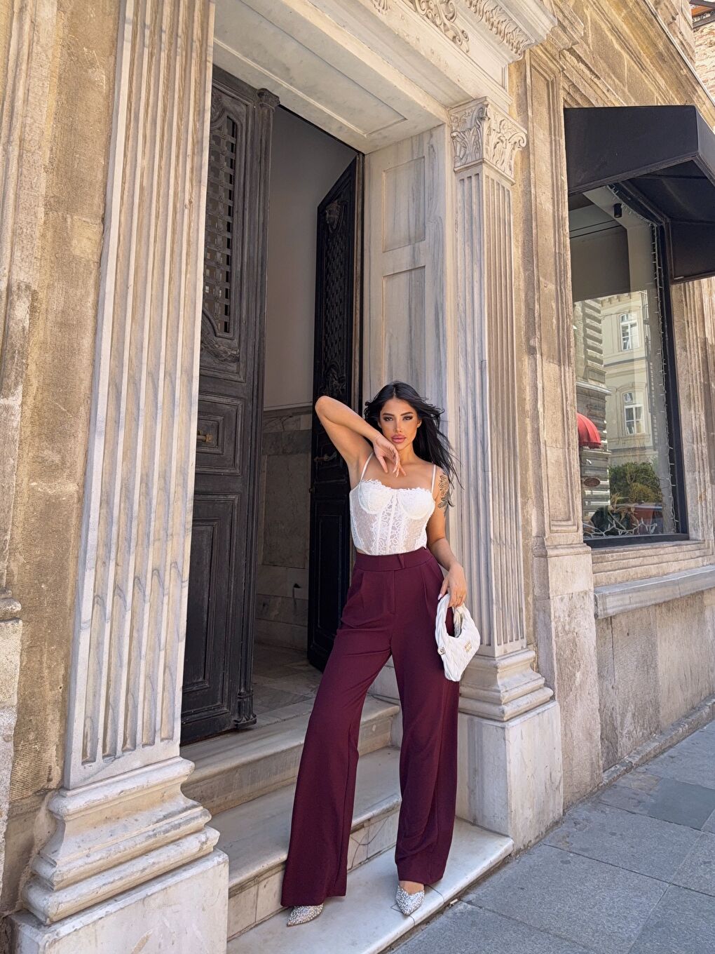 Bordo Elastanlı Cırtlı Palazzo Pantolon