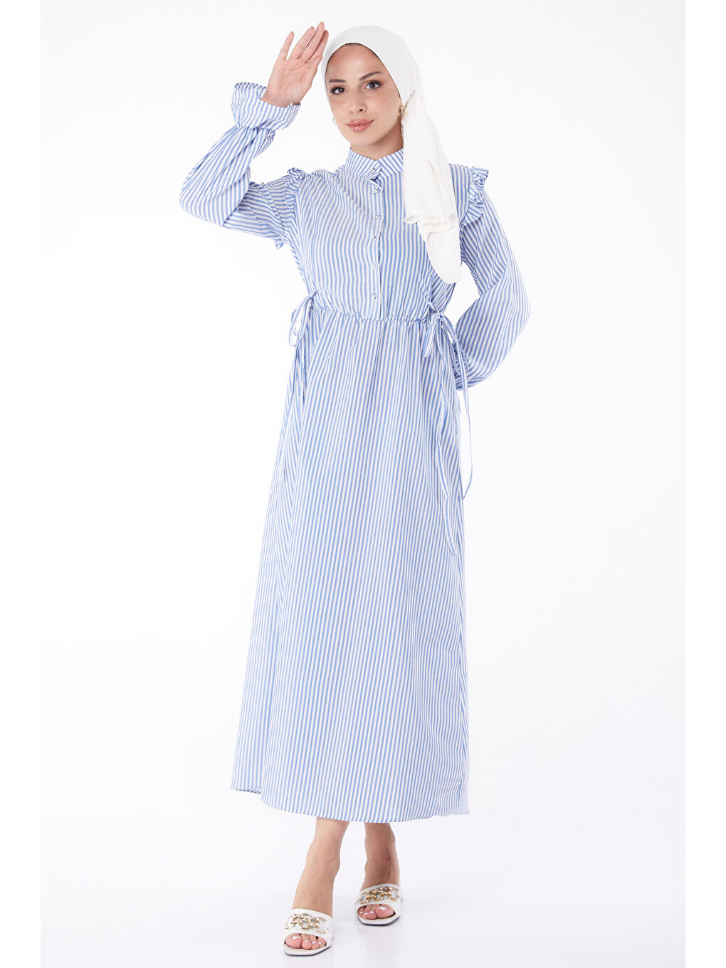 Çizgili Bağcıklı Elbise Mavi - 13266