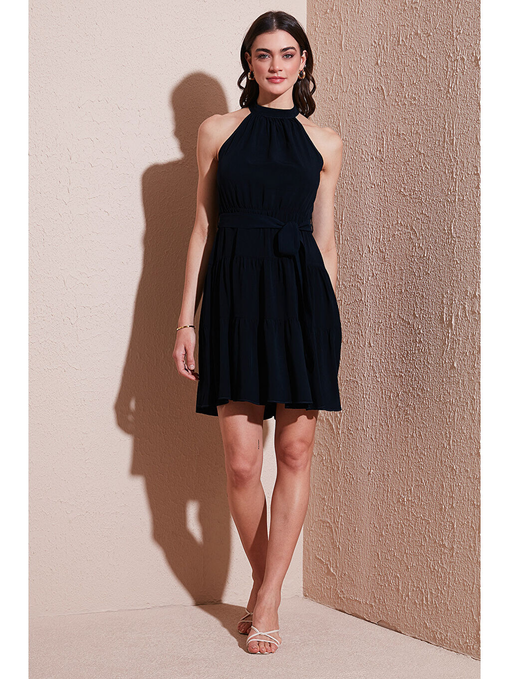 Lacivert Pileli Regular Fit Halter Yaka Mini Boy Kemerli Kadın Elbise 6772041-6