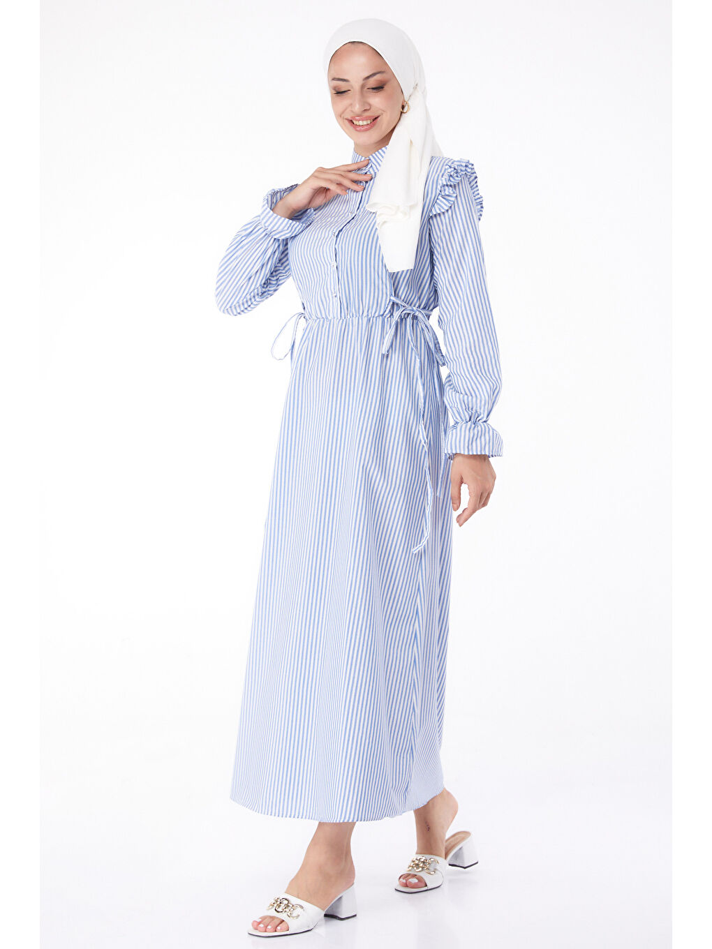 Çizgili Bağcıklı Elbise Mavi - 13266-1