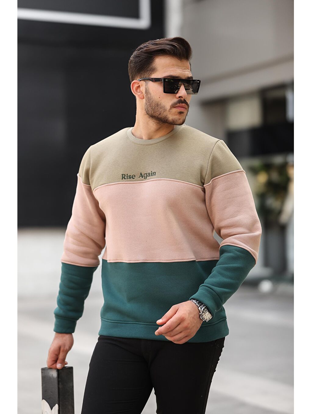 Miron Haki Kamel Nefti Üç Renk Blok Parçalı Sıfır Yaka Üç iplik Regular Fit Sweatshirt- 2436