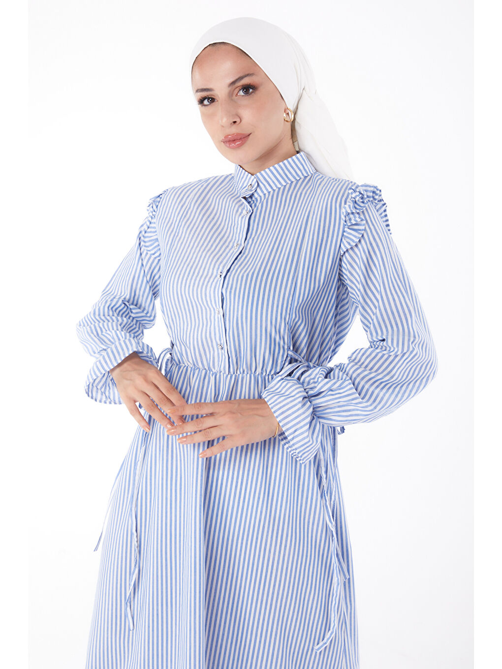 Çizgili Bağcıklı Elbise Mavi - 13266-2