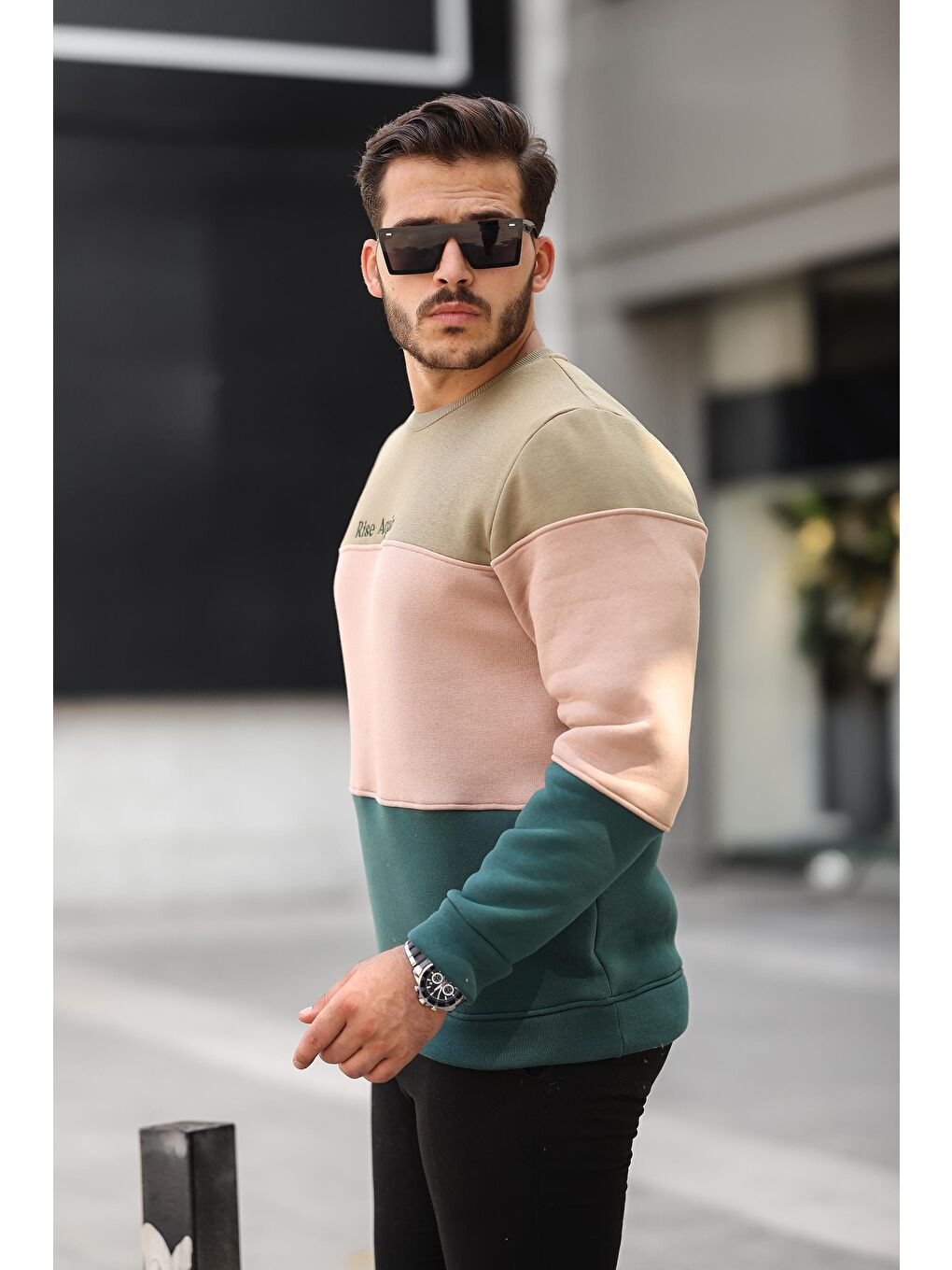 Miron Haki Kamel Nefti Üç Renk Blok Parçalı Sıfır Yaka Üç iplik Regular Fit Sweatshirt- 2436 - 1