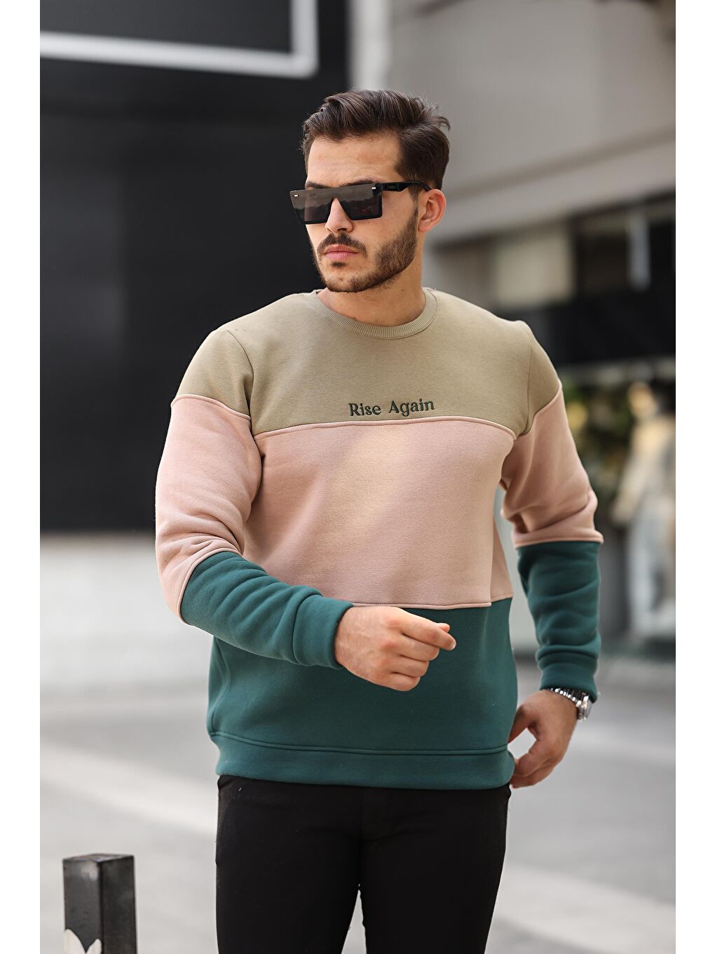 Miron Haki Kamel Nefti Üç Renk Blok Parçalı Sıfır Yaka Üç iplik Regular Fit Sweatshirt- 2436 - 2