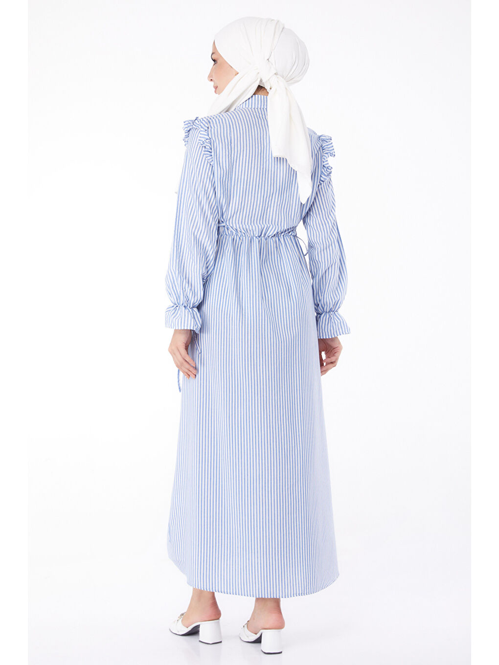 Çizgili Bağcıklı Elbise Mavi - 13266-4