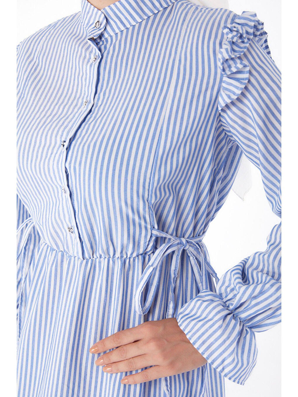 Çizgili Bağcıklı Elbise Mavi - 13266-5