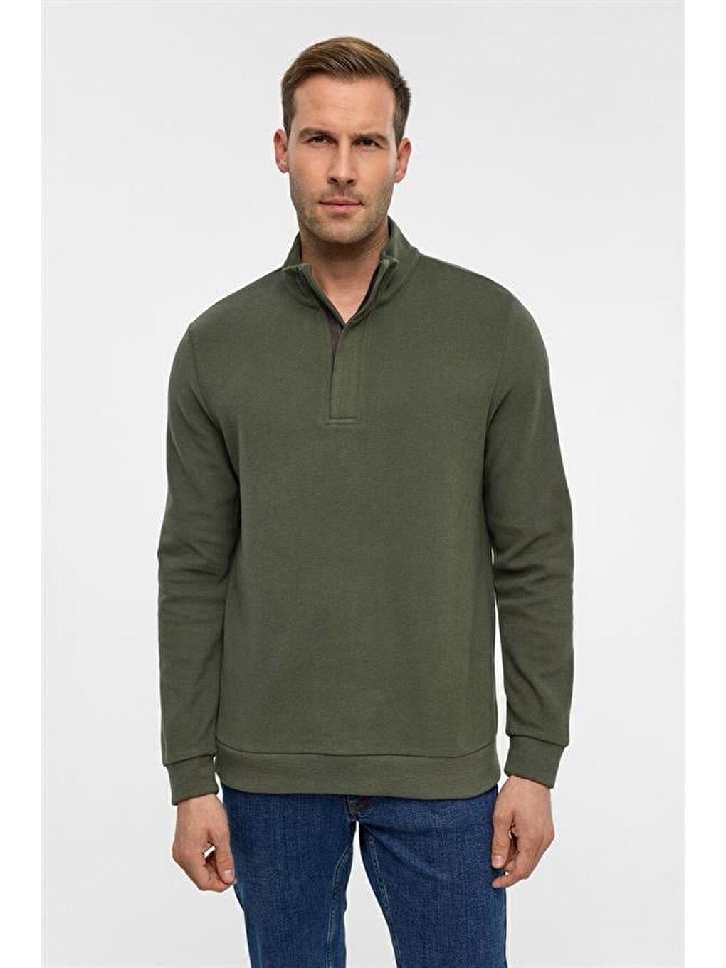 Haki Regular Düz Polo Yaka Sweatshirt