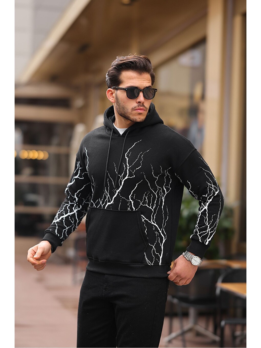 Siyah Şimşek Desenli Kapüşonlu Sweatshirt-2