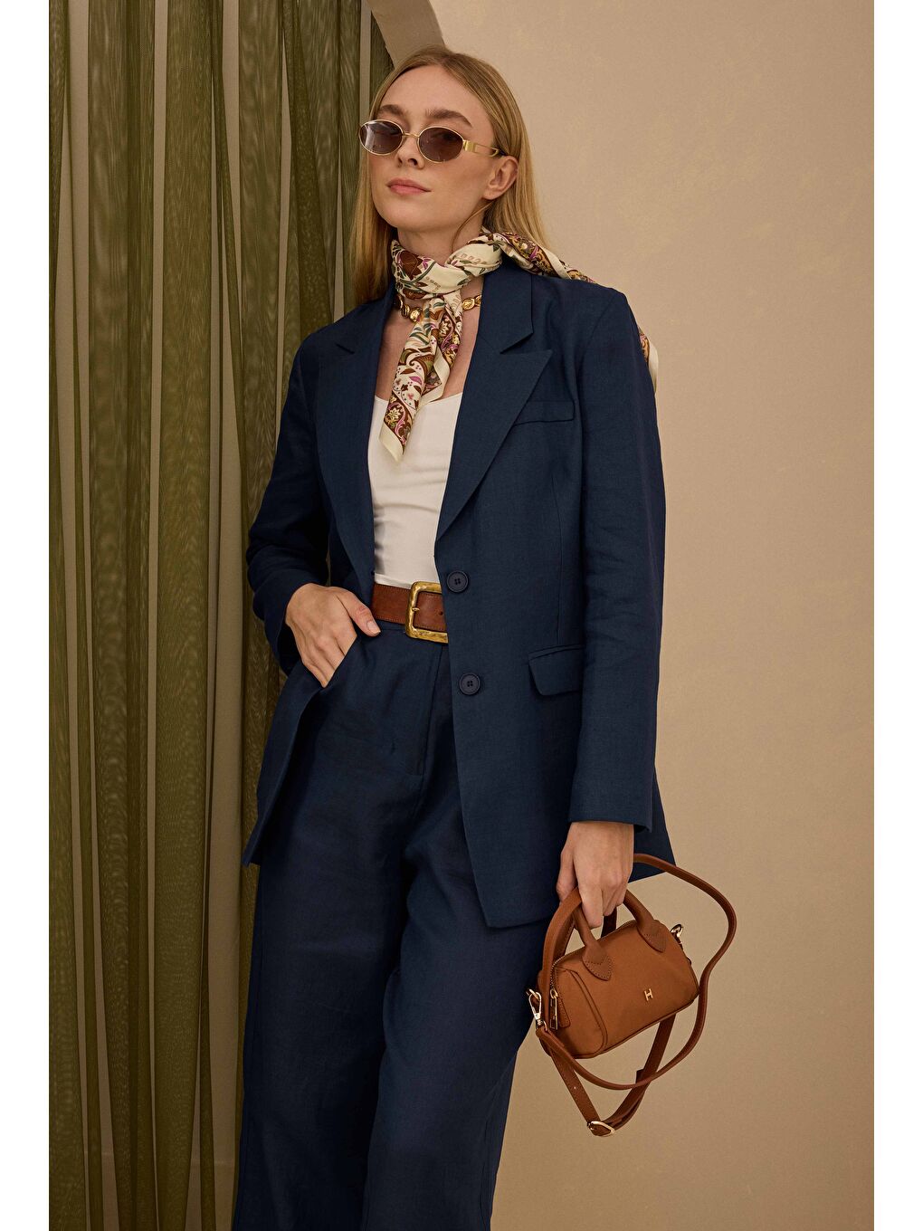 Keten Belden Oturtmalı Ceket Gece Mavi