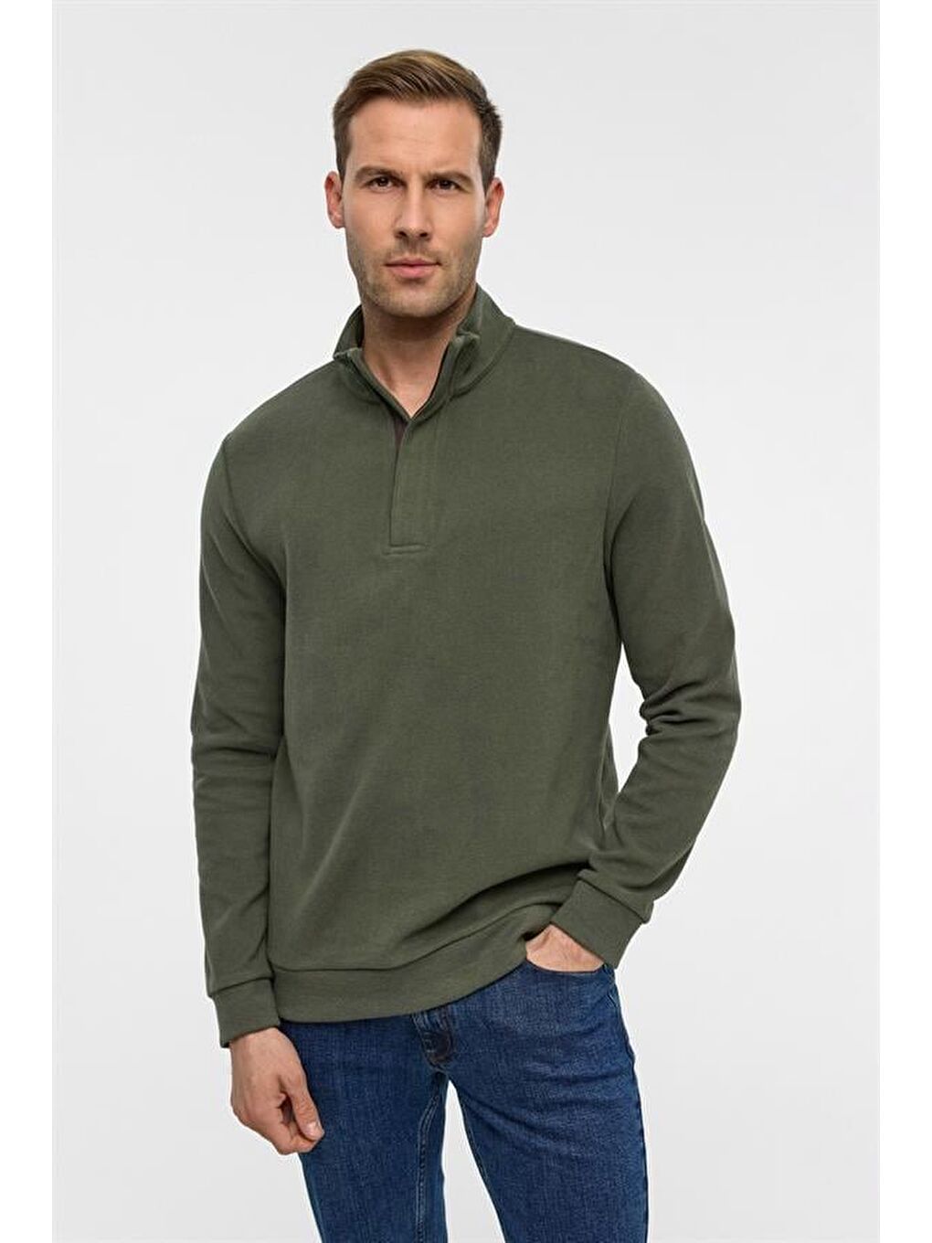 Haki Regular Düz Polo Yaka Sweatshirt-1