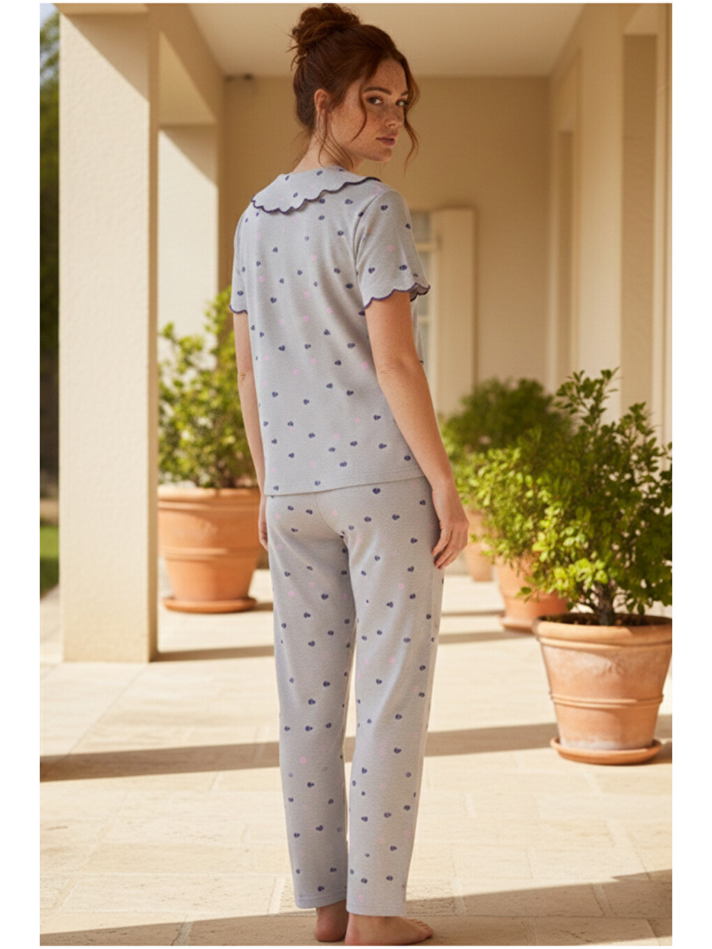 Gri Kalp Desenli Yakalı Düğmeli Fitilli Kaşkorse Örme Pijama Takım 26120503-2
