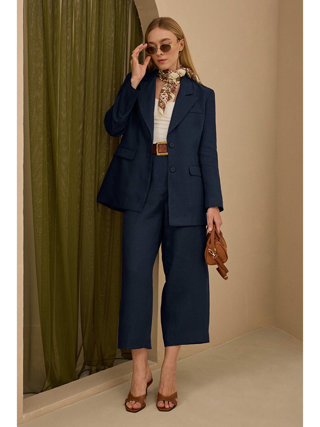 Keten Belden Oturtmalı Ceket Gece Mavi-2