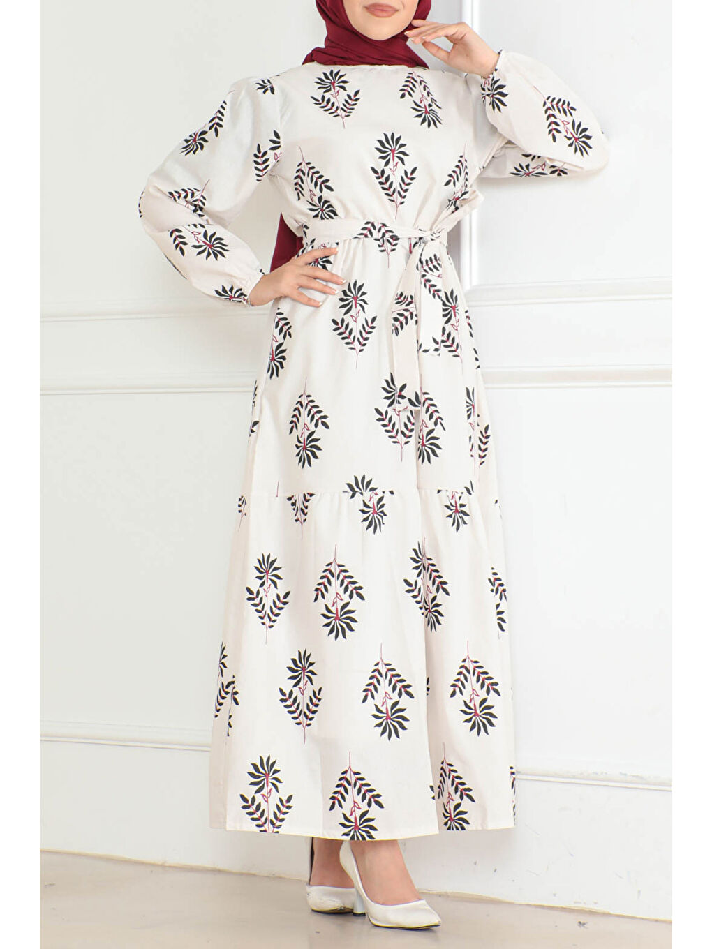 Desenli Kolu Büzgülü Elbise Ekru - 26623-1