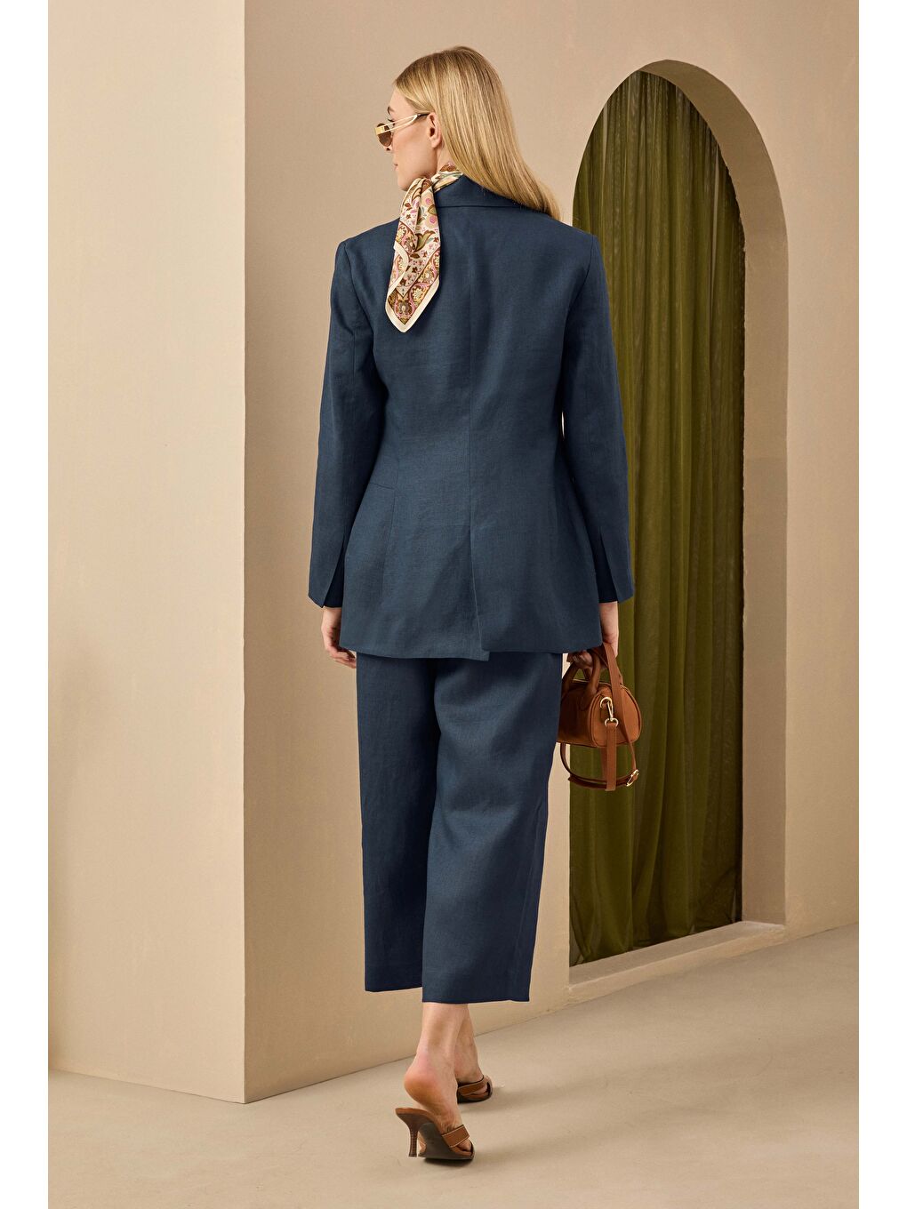 Keten Belden Oturtmalı Ceket Gece Mavi-3