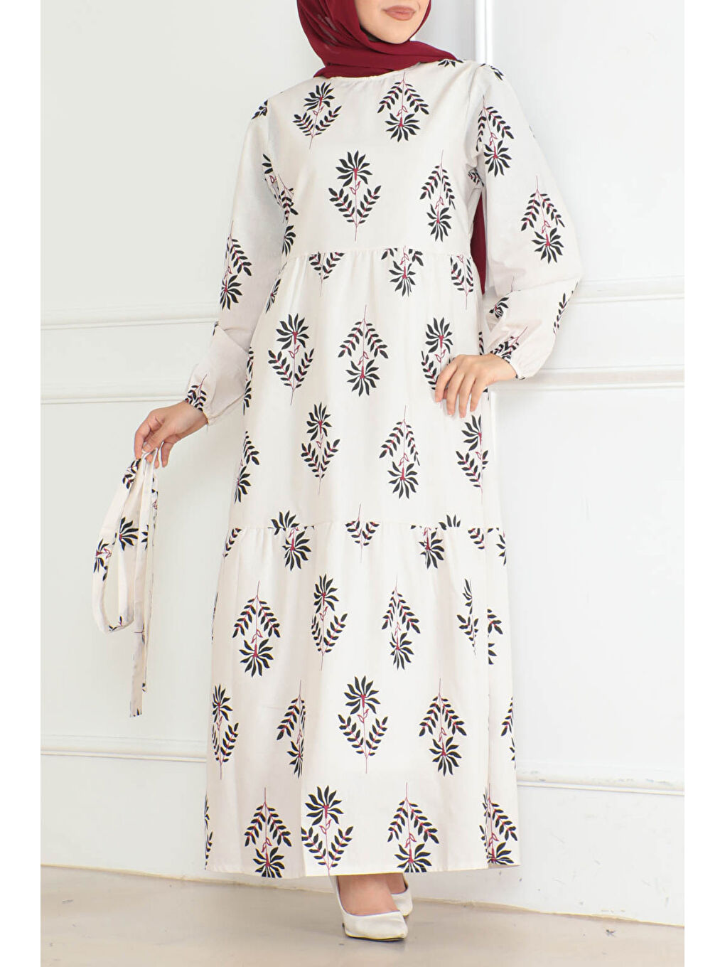 Desenli Kolu Büzgülü Elbise Ekru - 26623-2