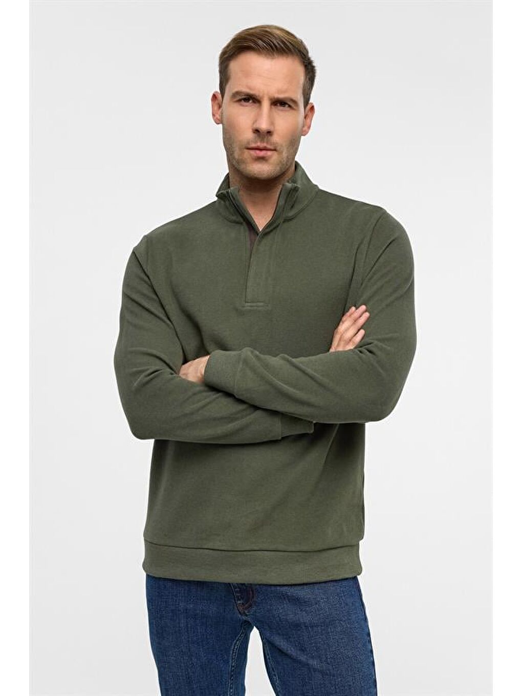 Haki Regular Düz Polo Yaka Sweatshirt-2