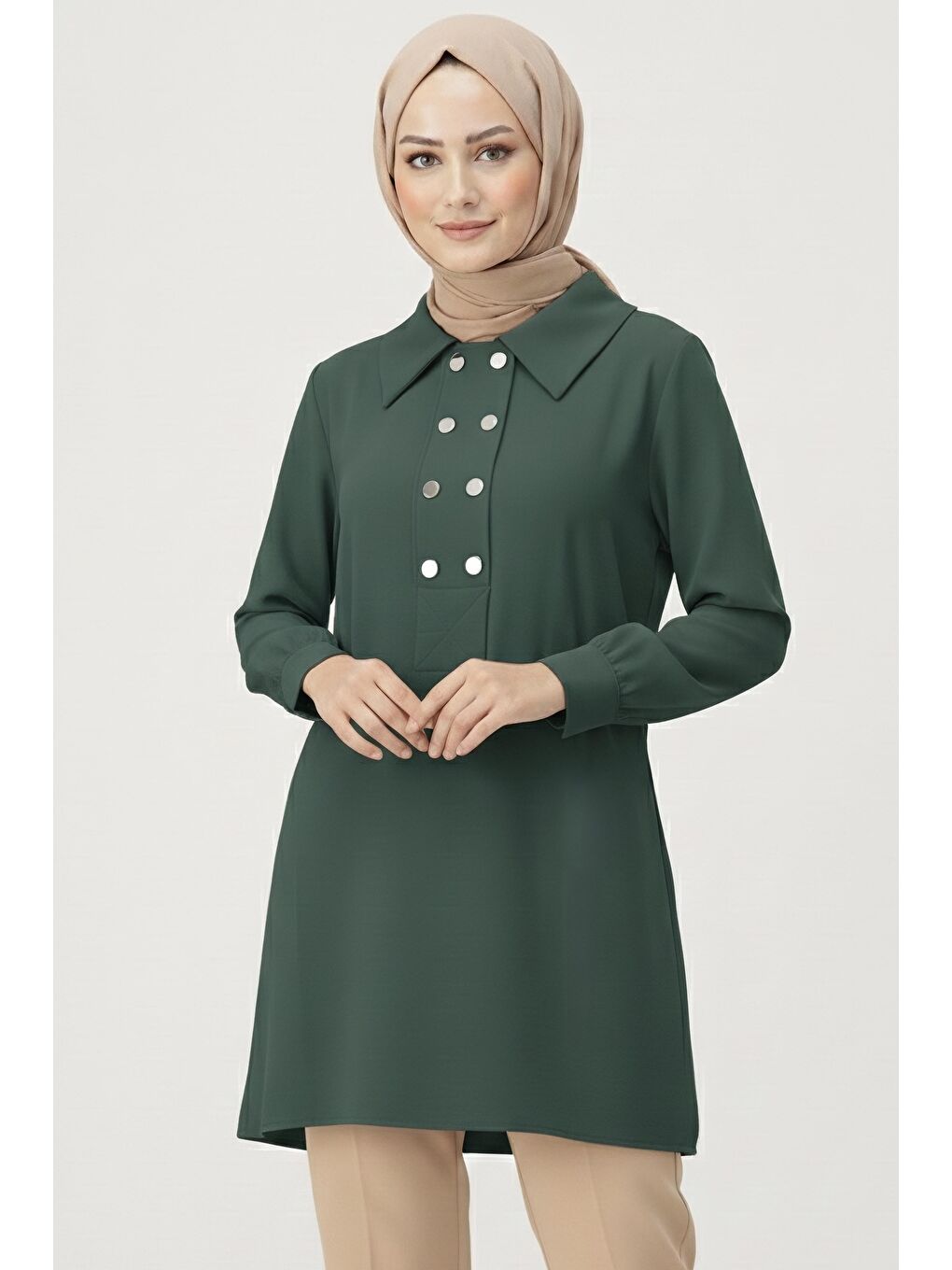 Düğme Detaylı Modal Tunik Haki - 28041-HAKI-1