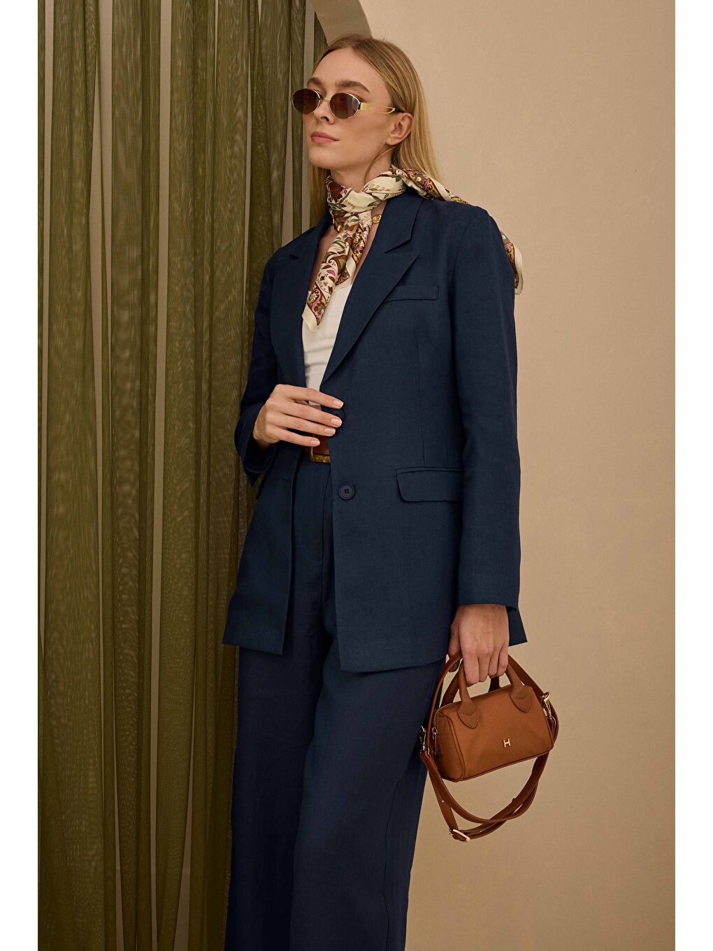 Keten Belden Oturtmalı Ceket Gece Mavi-4