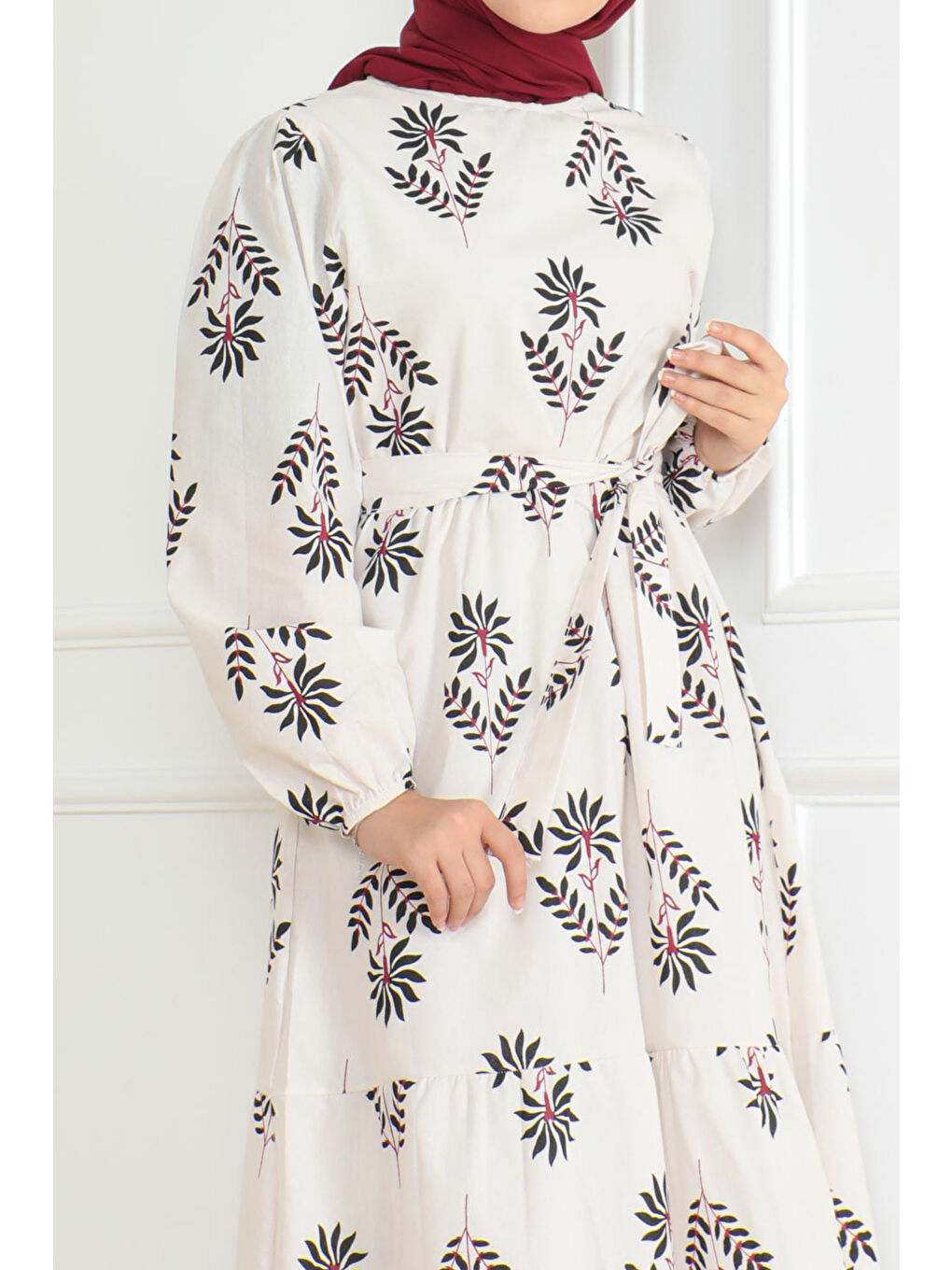 Desenli Kolu Büzgülü Elbise Ekru - 26623-3