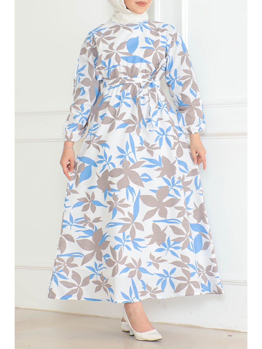 Desenli Kolu Büzgülü Elbise Beyaz - 26621