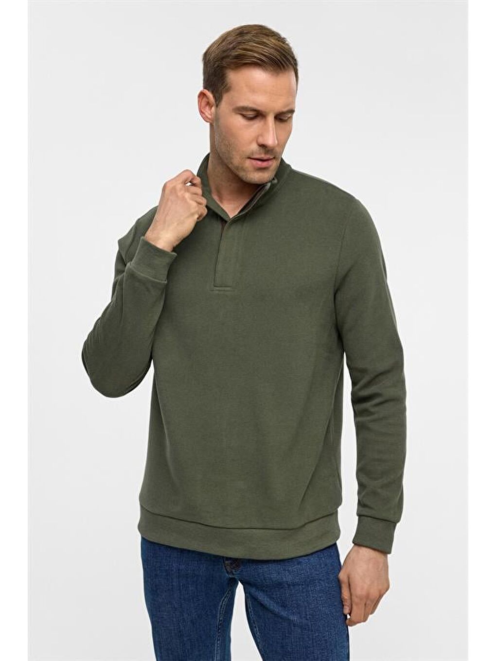 Haki Regular Düz Polo Yaka Sweatshirt-3