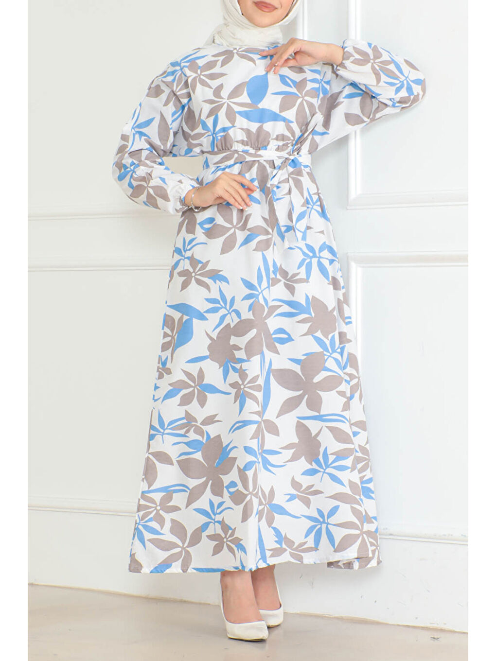 Desenli Kolu Büzgülü Elbise Beyaz - 26621-1