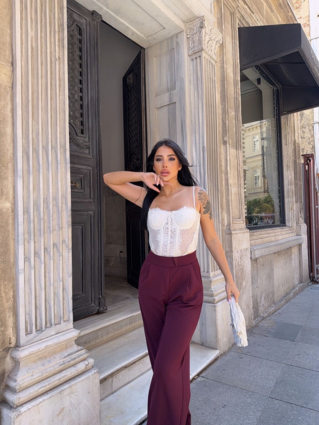 Bordo Elastanlı Cırtlı Palazzo Pantolon-1