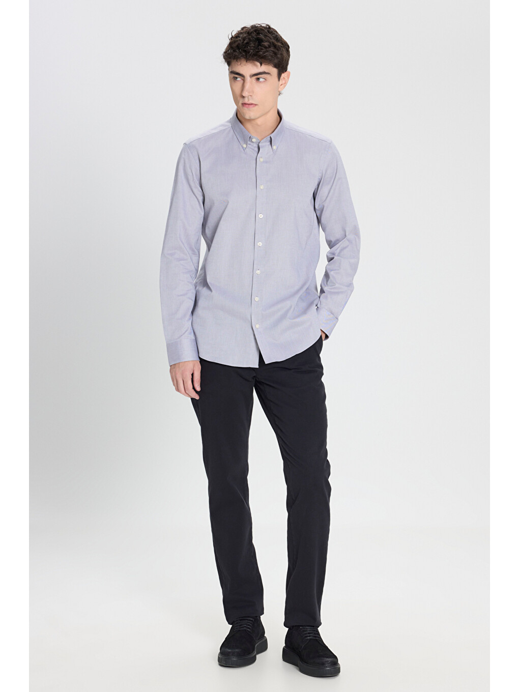 Erkek Siyah %100 Pvamuk Slim Fit Dar Kesim Düğmeli Yaka Oxford Gömlek-1