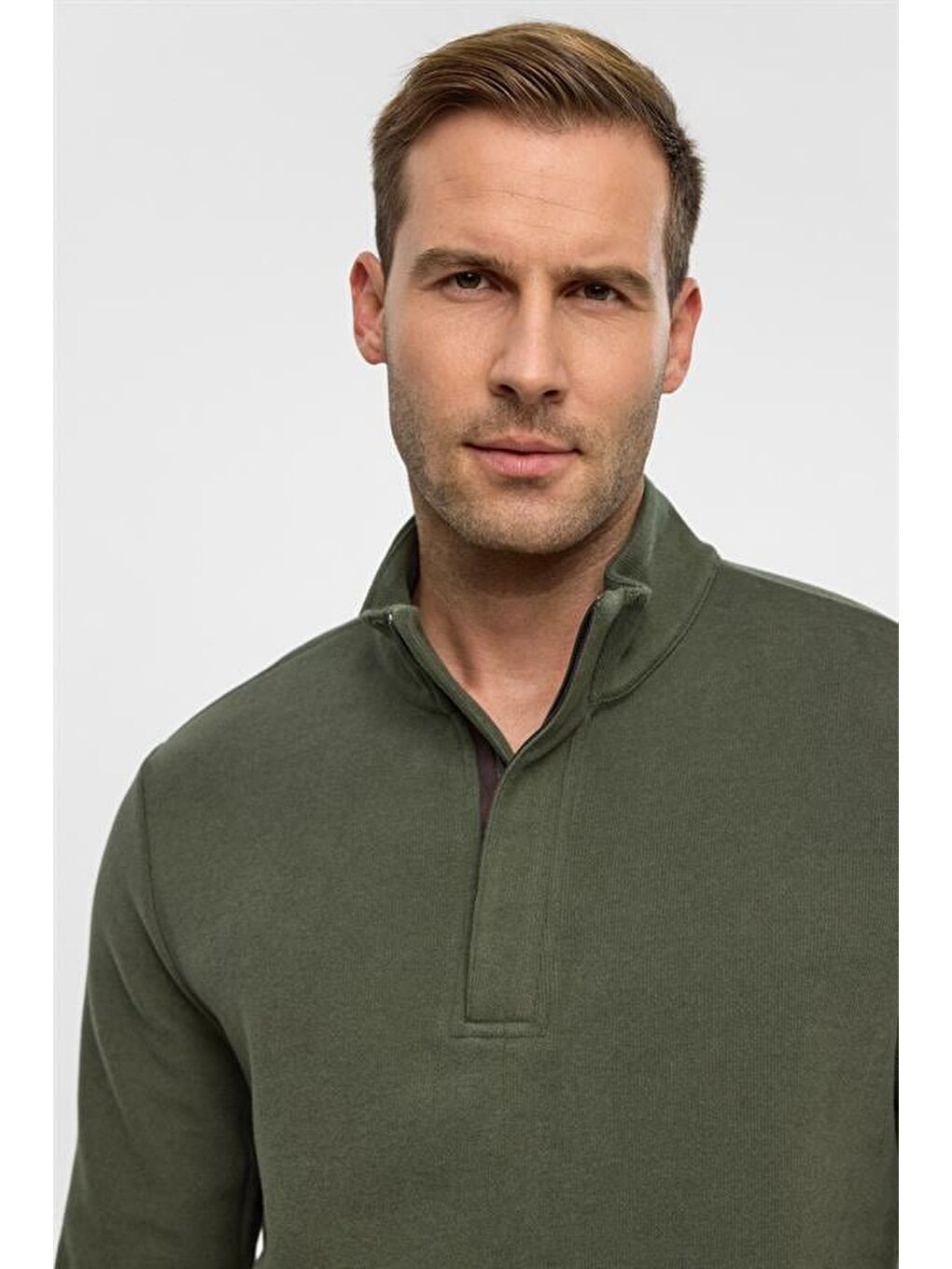 Haki Regular Düz Polo Yaka Sweatshirt-4