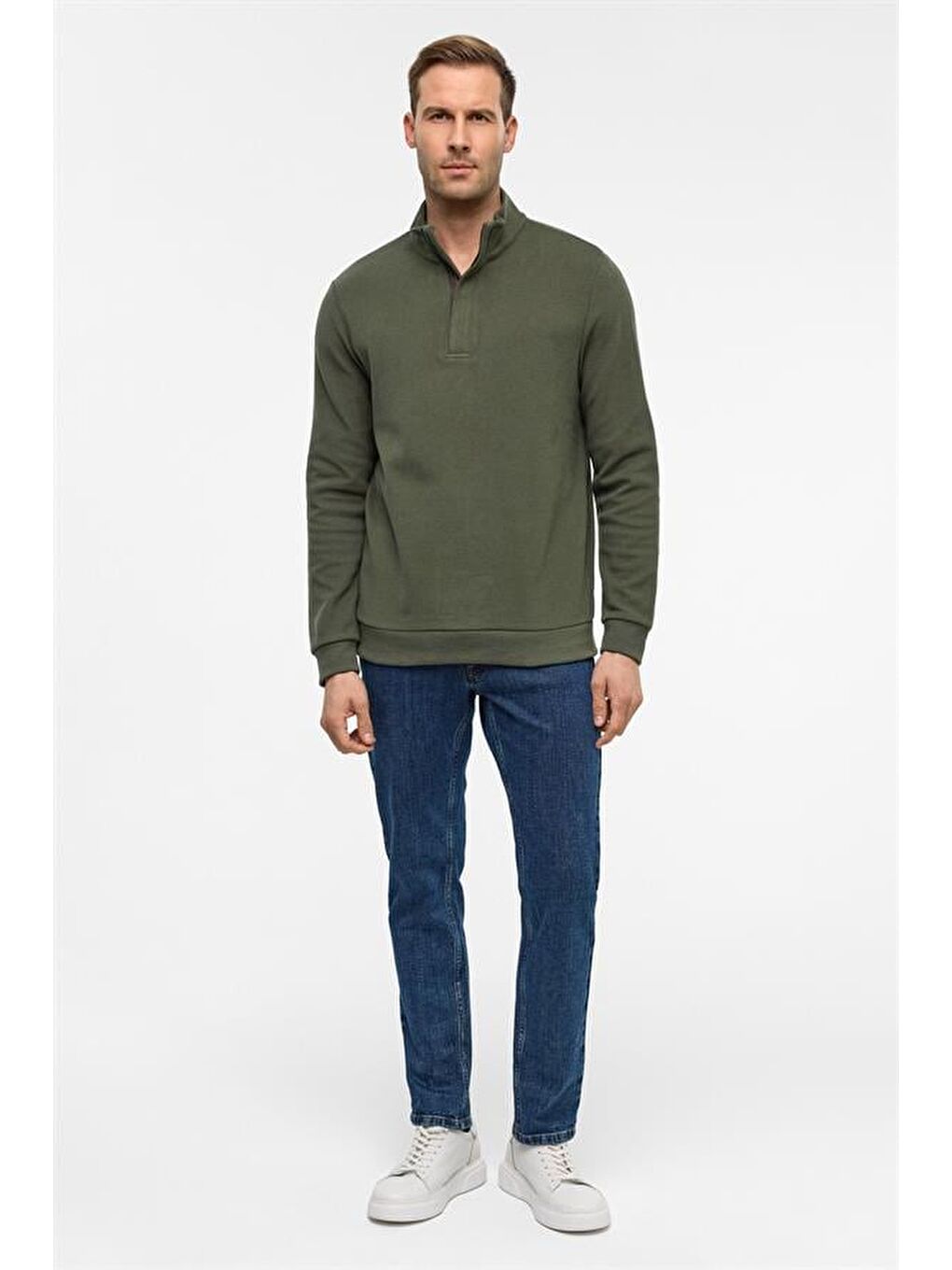 Haki Regular Düz Polo Yaka Sweatshirt-5