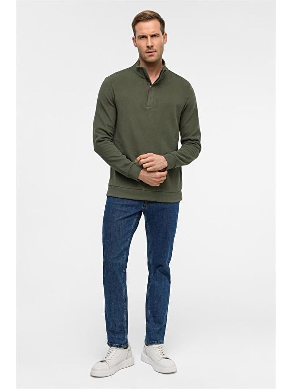 Haki Regular Düz Polo Yaka Sweatshirt-6