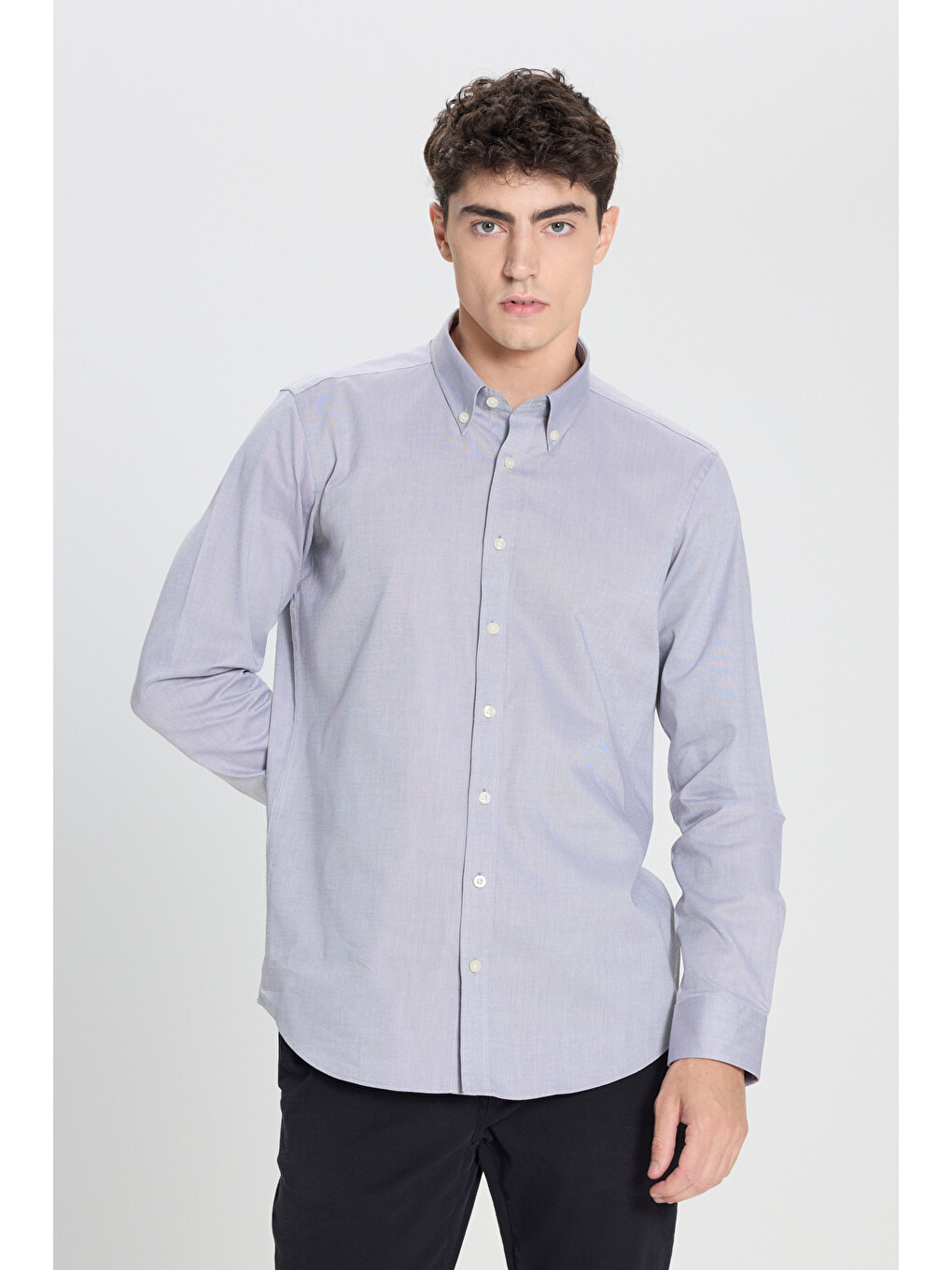 Erkek Siyah %100 Pvamuk Slim Fit Dar Kesim Düğmeli Yaka Oxford Gömlek-2