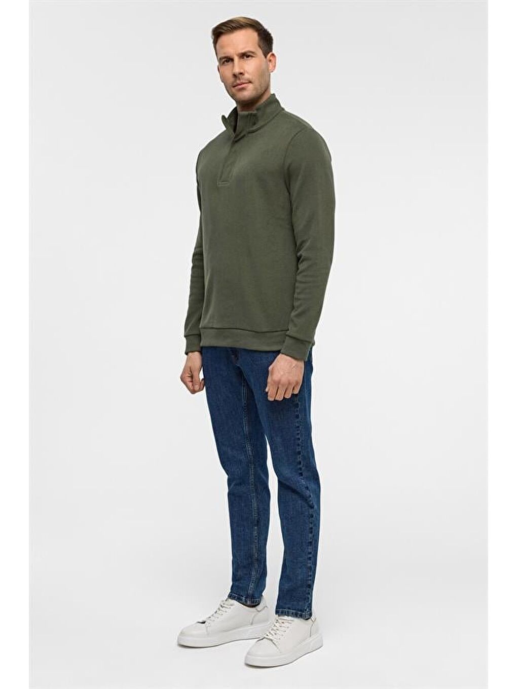 Haki Regular Düz Polo Yaka Sweatshirt-7