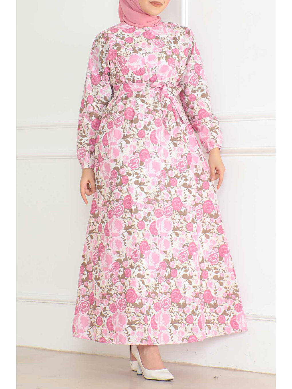 Desenli Kolu Büzgülü Elbise Pembe - 26621