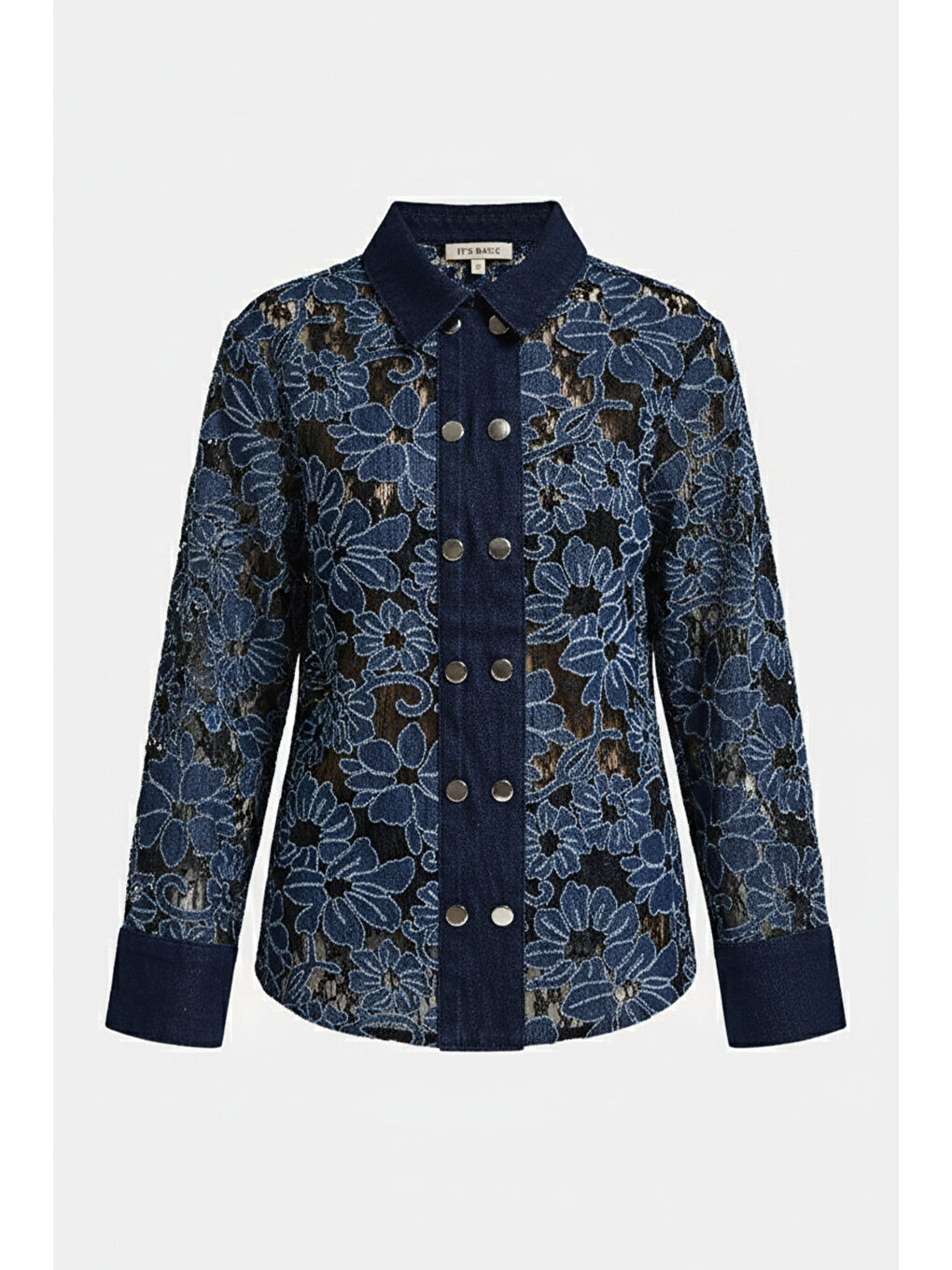 Kadın İndigo Selvedge 7s6-50 Oversize Dantel Nakış Çiçek Detaylı Özel Tasarım Denim Ceket-1