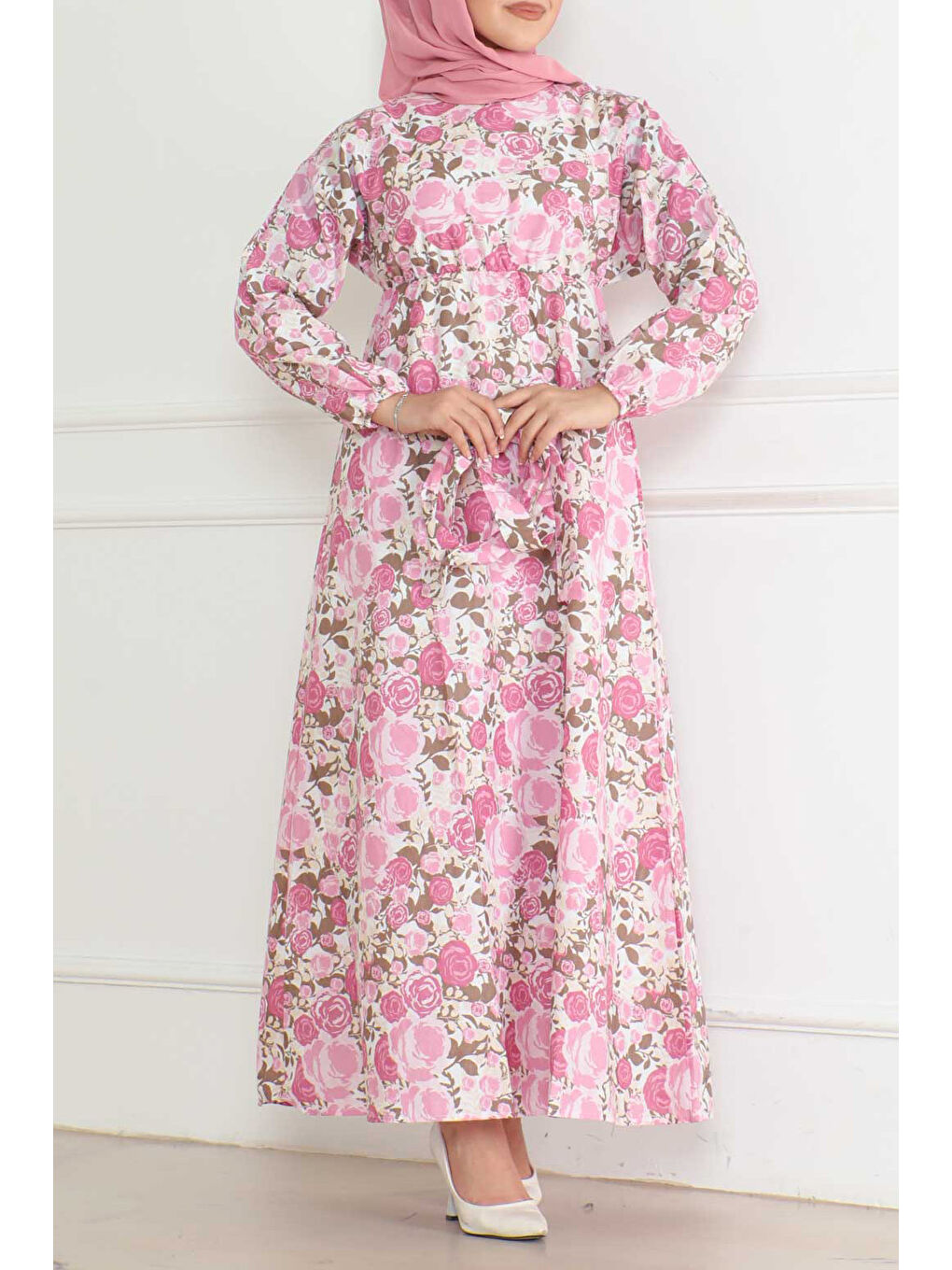 Desenli Kolu Büzgülü Elbise Pembe - 26621-1