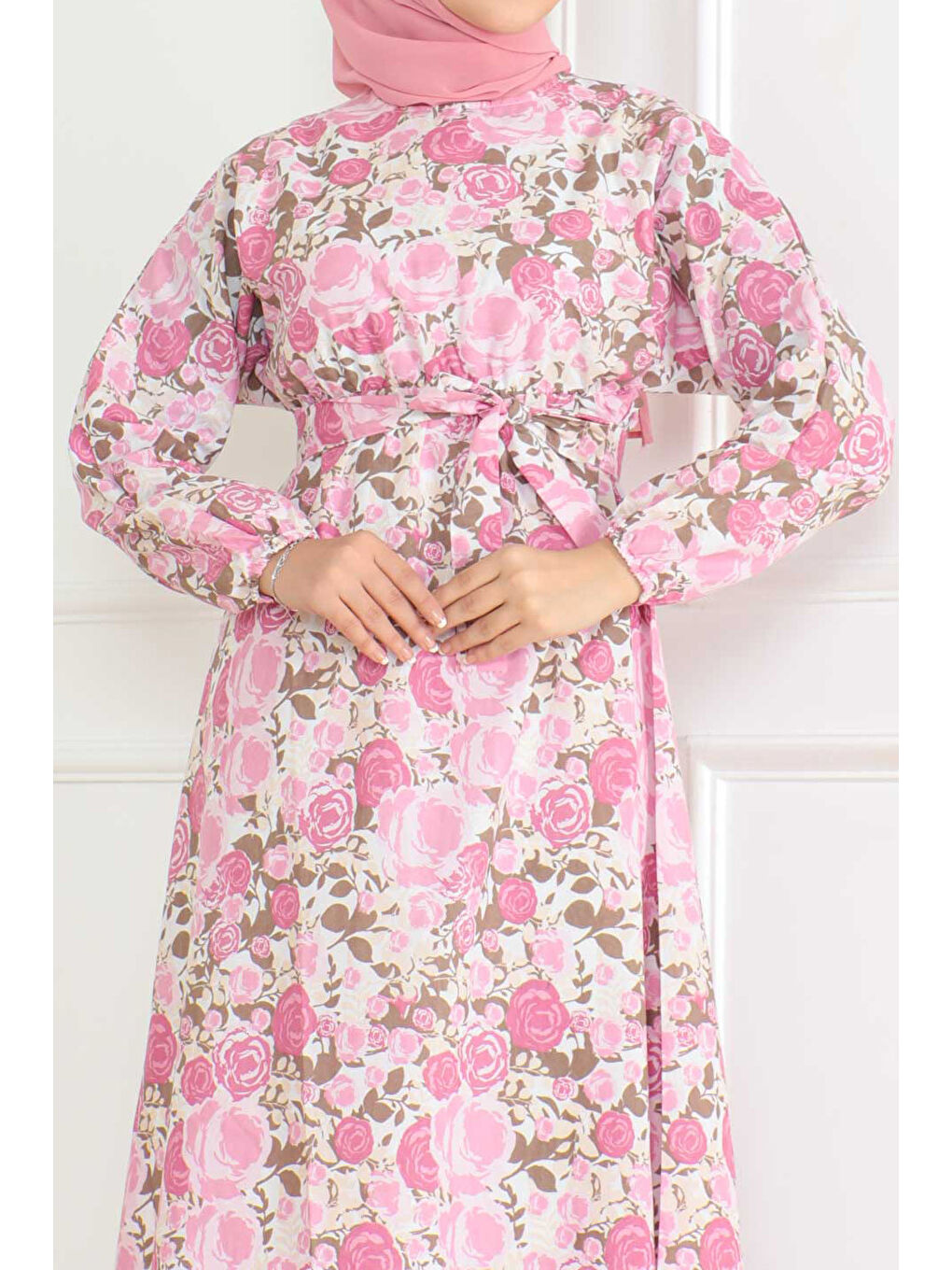 Desenli Kolu Büzgülü Elbise Pembe - 26621-2