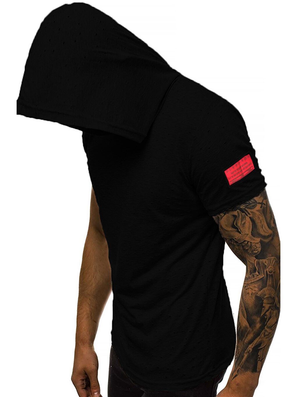 Yırtık Detaylı Siyah Kapüşonlu Tişört 3069-1