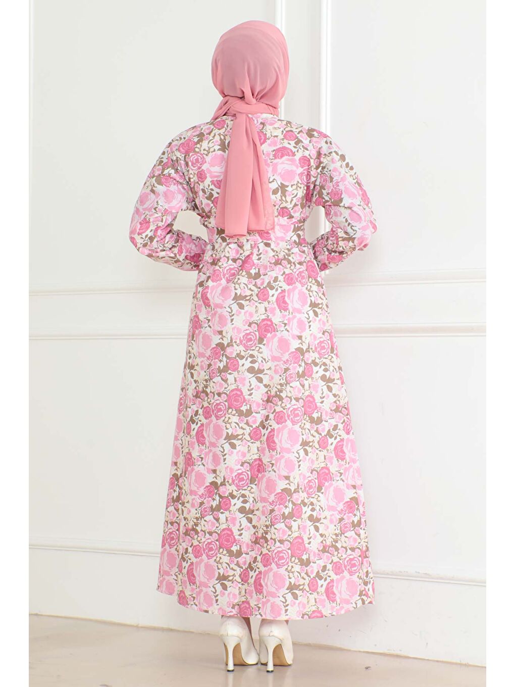 Desenli Kolu Büzgülü Elbise Pembe - 26621-3