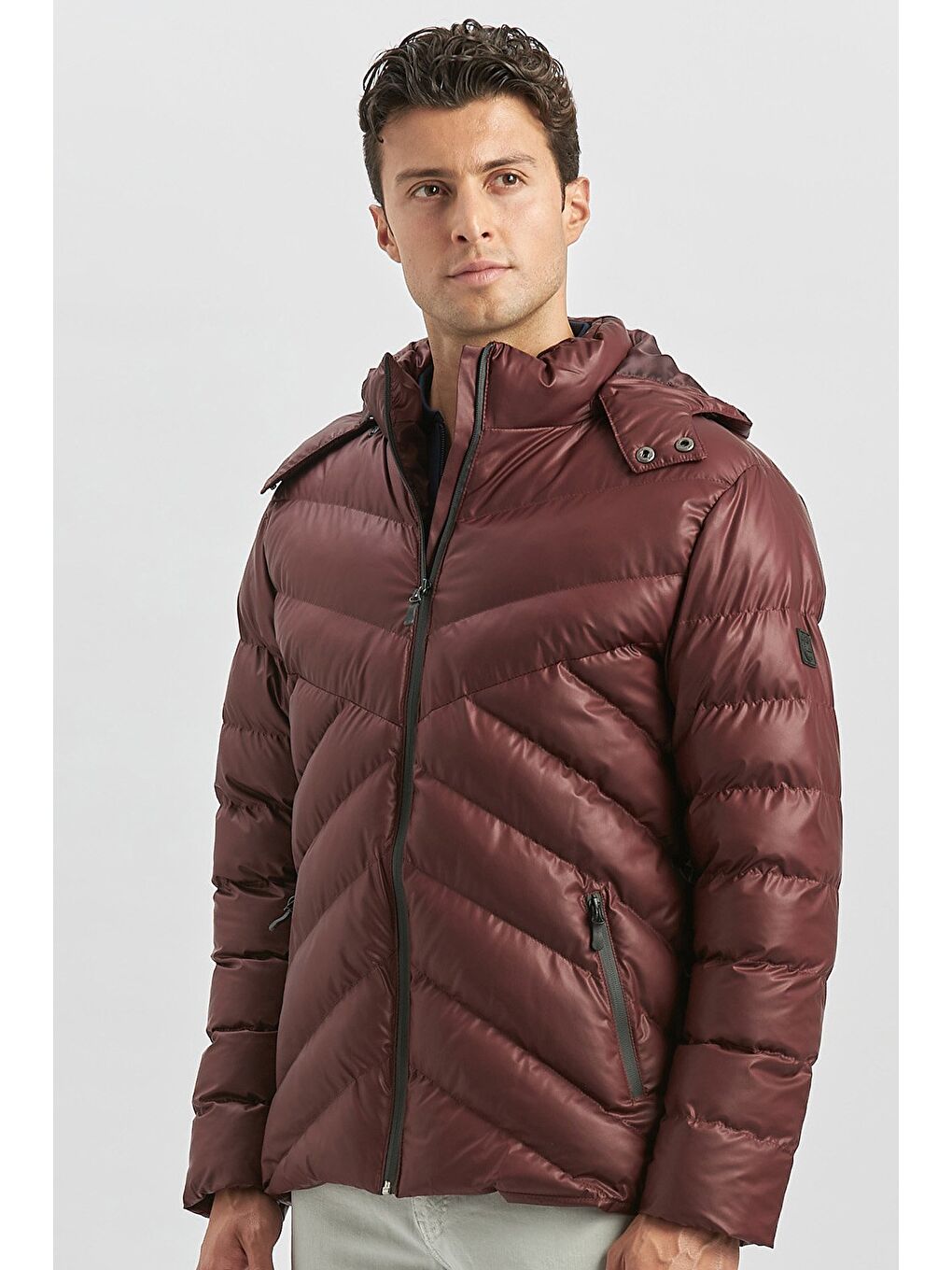 Bordo Dolumlu Çıkarılabilir Kapüşonlu Astarlı Slim Fit Dar Kesim Casual Mont 1007245151